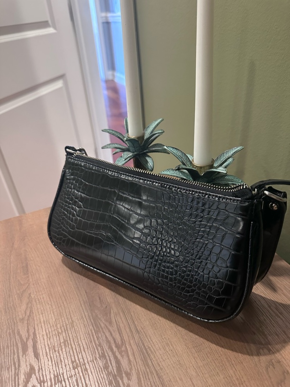 Black Croc-Embossed Shoulder Bag